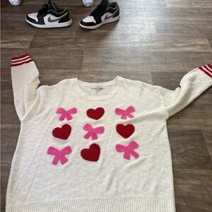 Simply Southern Cream Sweater with Red and Pink Accents